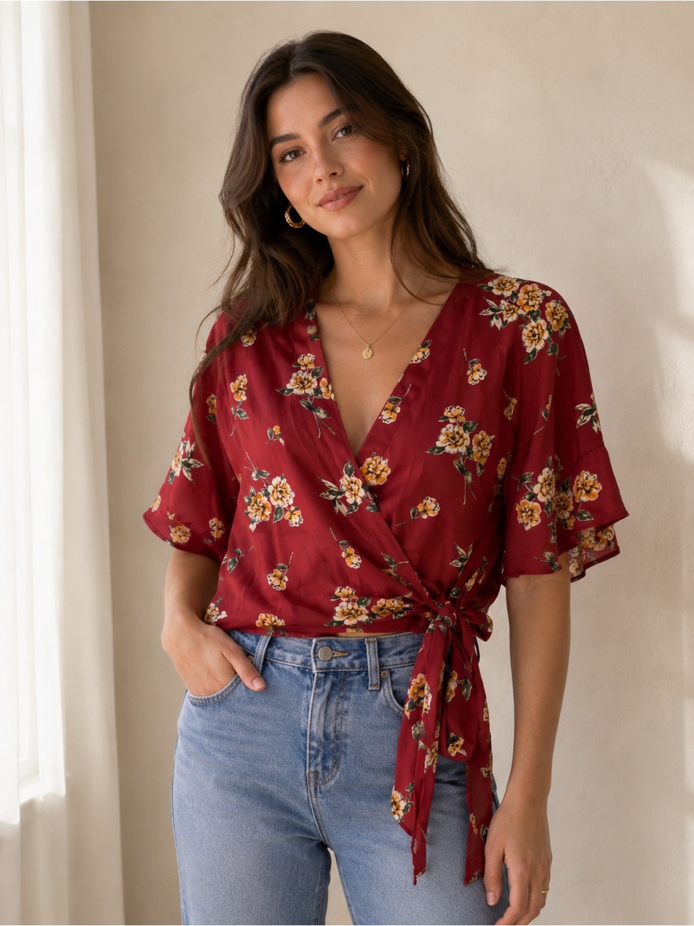 Lush Burgundy Floral Wrap Top with Yellow Blooms